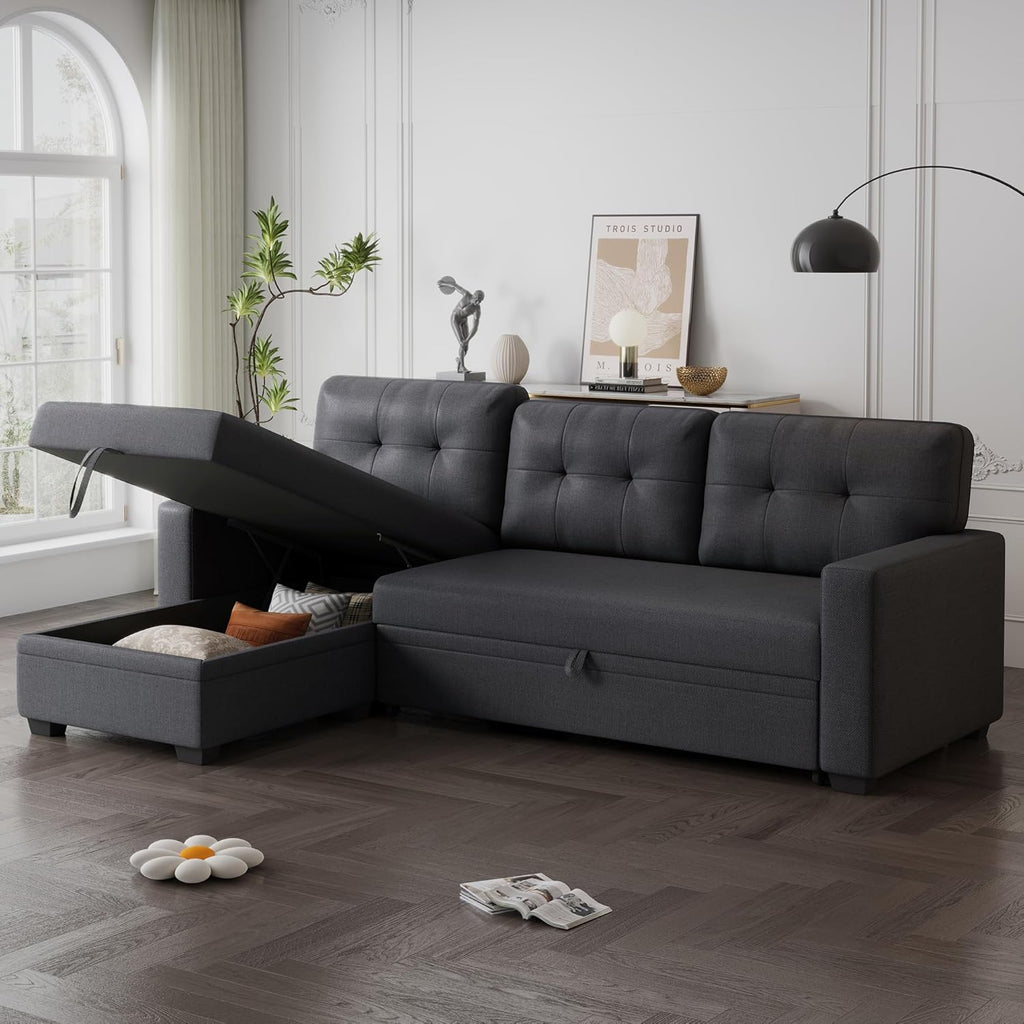 Dark Gray Linen Upholstered 3 Seater Pull Out Sofa Bed with Storage Chaise M959136