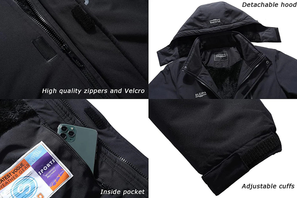 Men's Fleece Lined Winter Jacket Water Repellent Windbreaker Outdoor Warm Snow Coat with Detachable Hood D117