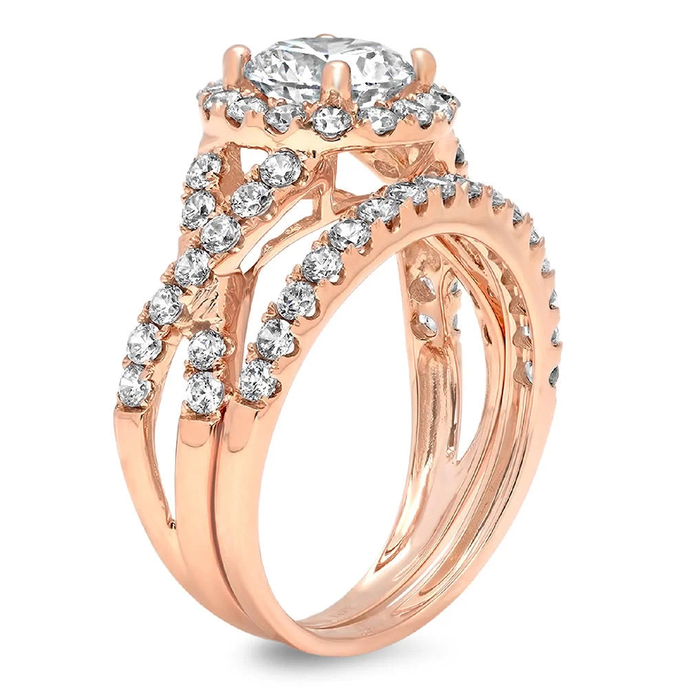 1.92 ct Genuine Cultured Diamond 18K Rose Gold Halo Engagement Ring Set size 3.5 Q9296