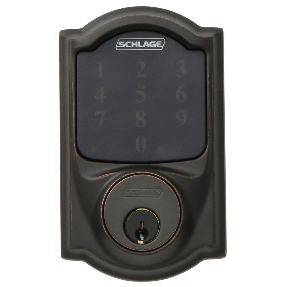 Aged Bronze Touchscreen Deadbolt with Alarm and Handleset with Interior Lever C426327