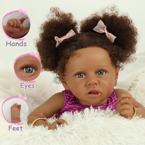 22" Realistic African American Newborn Baby Doll with Two Afro Puffs & Feeding Toys Q648154