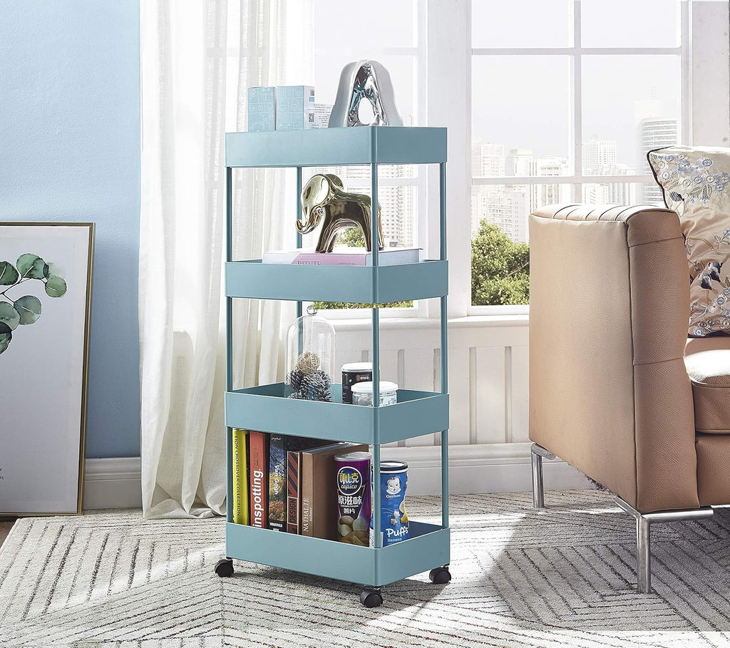 Blue 4-Tier Plastic Rolling Cart with Slim Shelves A22674
