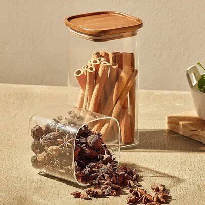 Square Glass Jars with Wood Lids Set of 2 Airtight Stackable Storage Containers N183