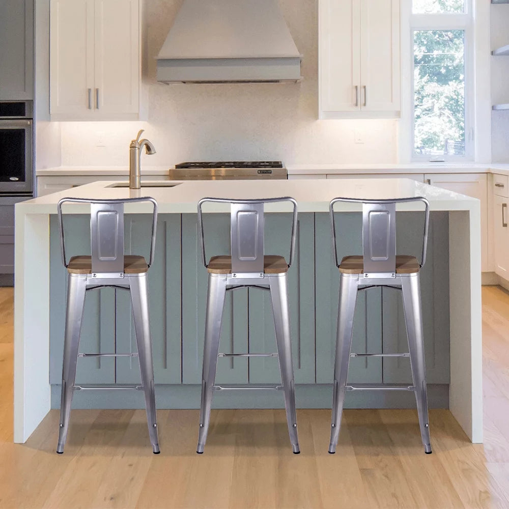 30 Inch Silver Counter Height Metal Barstools with Wood Seat, Set of 2 U712646