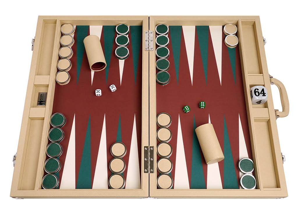 23-inch Backgammon Set with Nickel Checkers, Tan Case with Brown Field X249