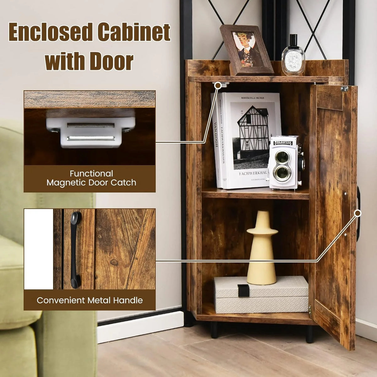 4-Tier Rustic Corner Bookshelf with Cabinet V9458