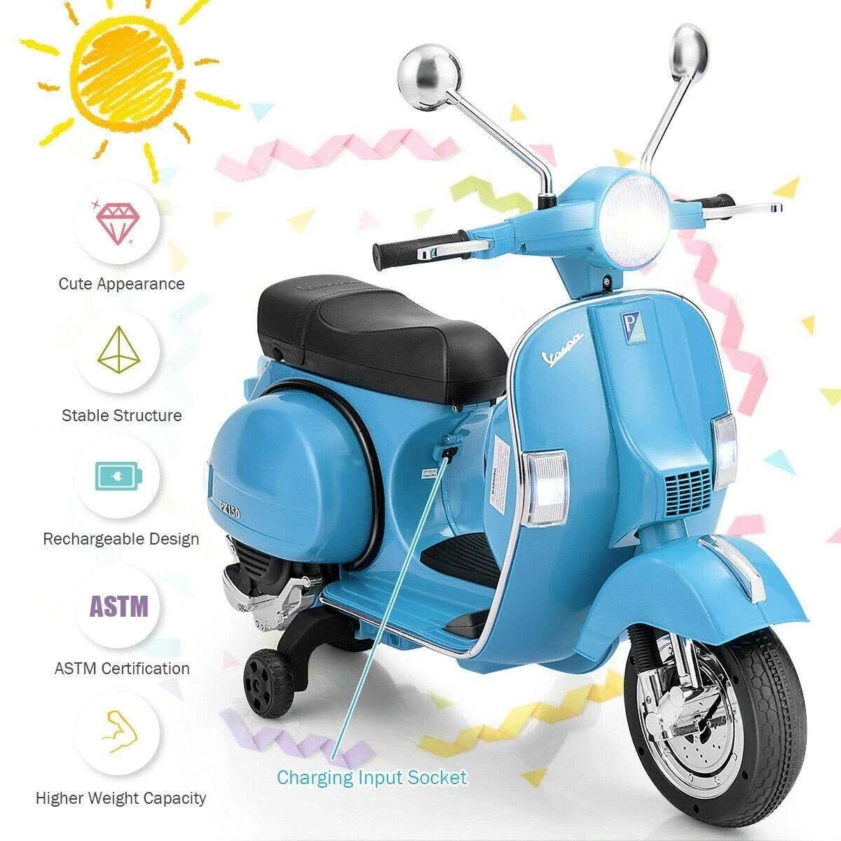 Blue 6V Kids Ride on Vespa Scooter Motorcycle with Headlight Y4325