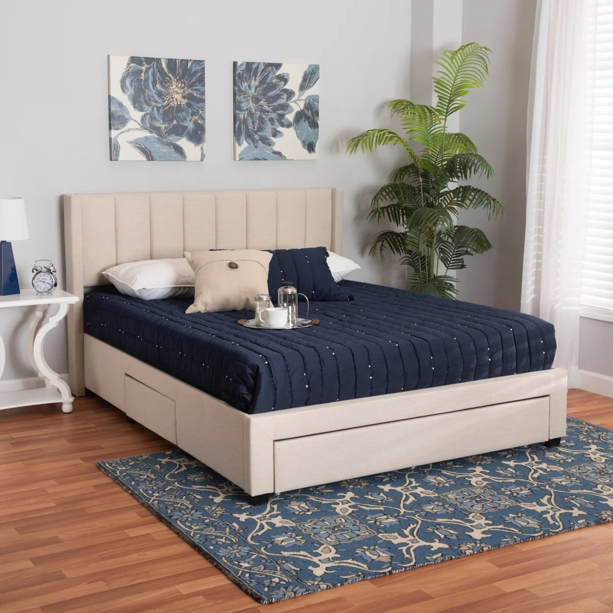 Beige Fabric Full Size 3-Drawer Platform Bed N160