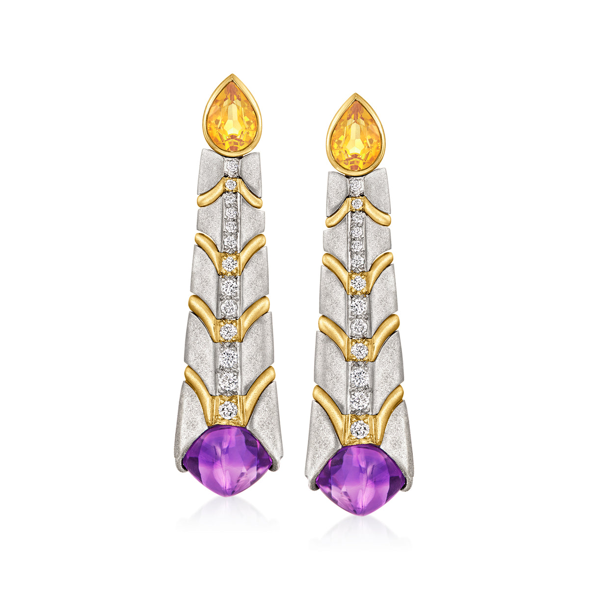 Vintage Amethyst and Citrine Drop Earrings with Diamonds in Platinum and 18kt Yellow Gold E8268