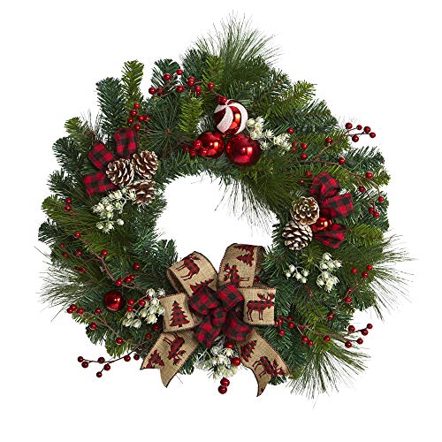 24in. Artificial Christmas Pine Wreath with Pine Cones and Ornaments O827