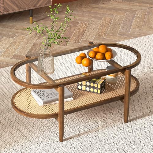 Black 2-Tier Oval Rattan Coffee Table with Tempered Glass T256