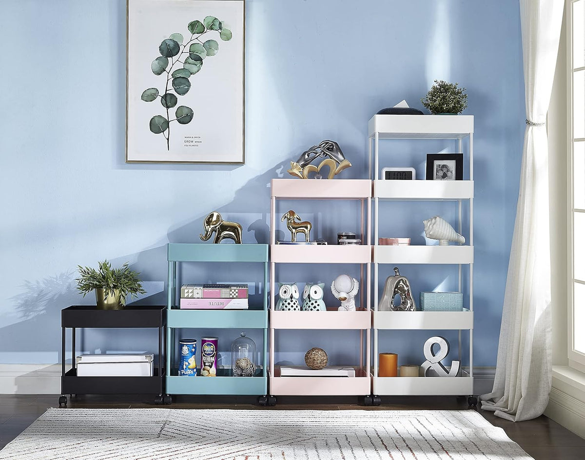 Blue 4-Tier Plastic Rolling Cart with Slim Shelves A22674