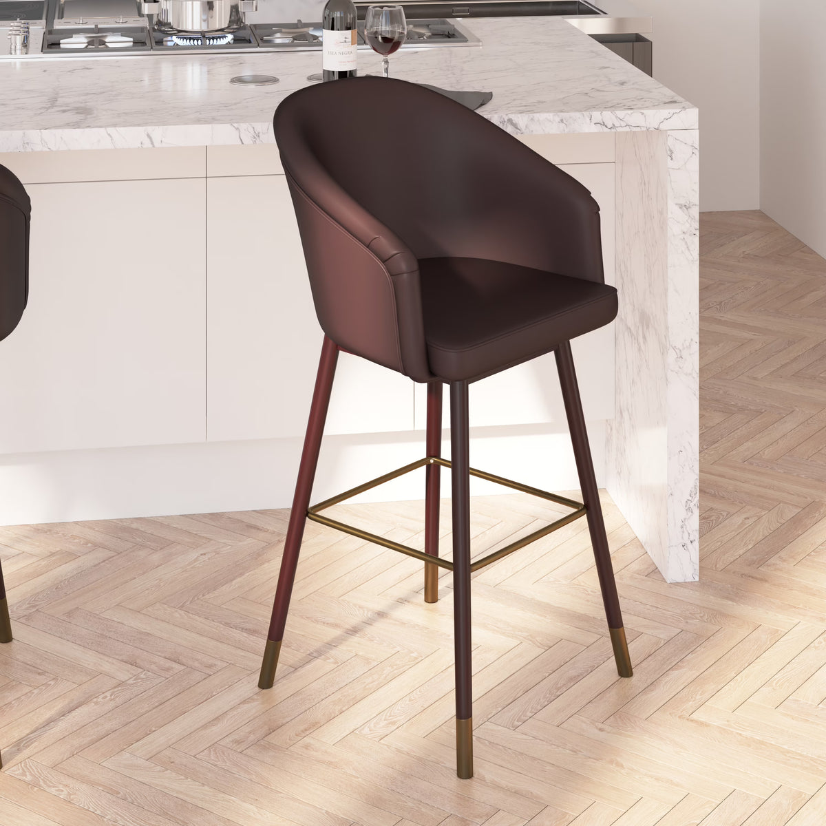 Brown Faux Leather Wood Frame Bar Height Stool S2152