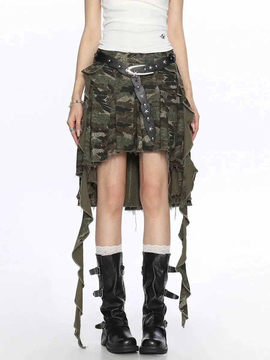 Vintage High Waist Camouflage Asymmetric Midi Skirt M46605