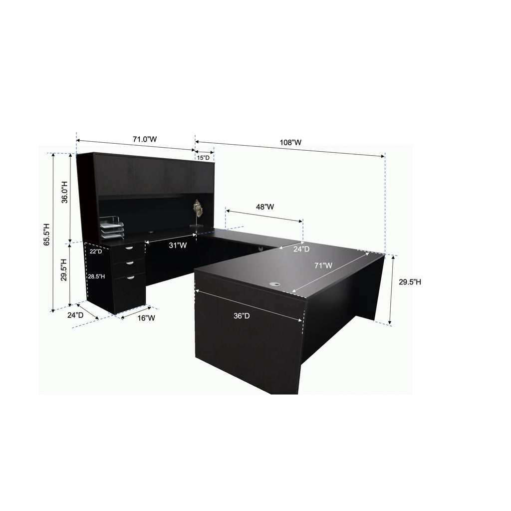 Mocha 71-Inch U-Shape Desk with File Storage Pedestal and Hutch M375108