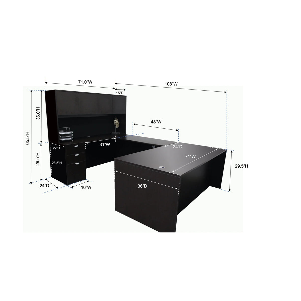 Mocha 71-Inch U-Shape Desk with File Storage Pedestal and Hutch M375108