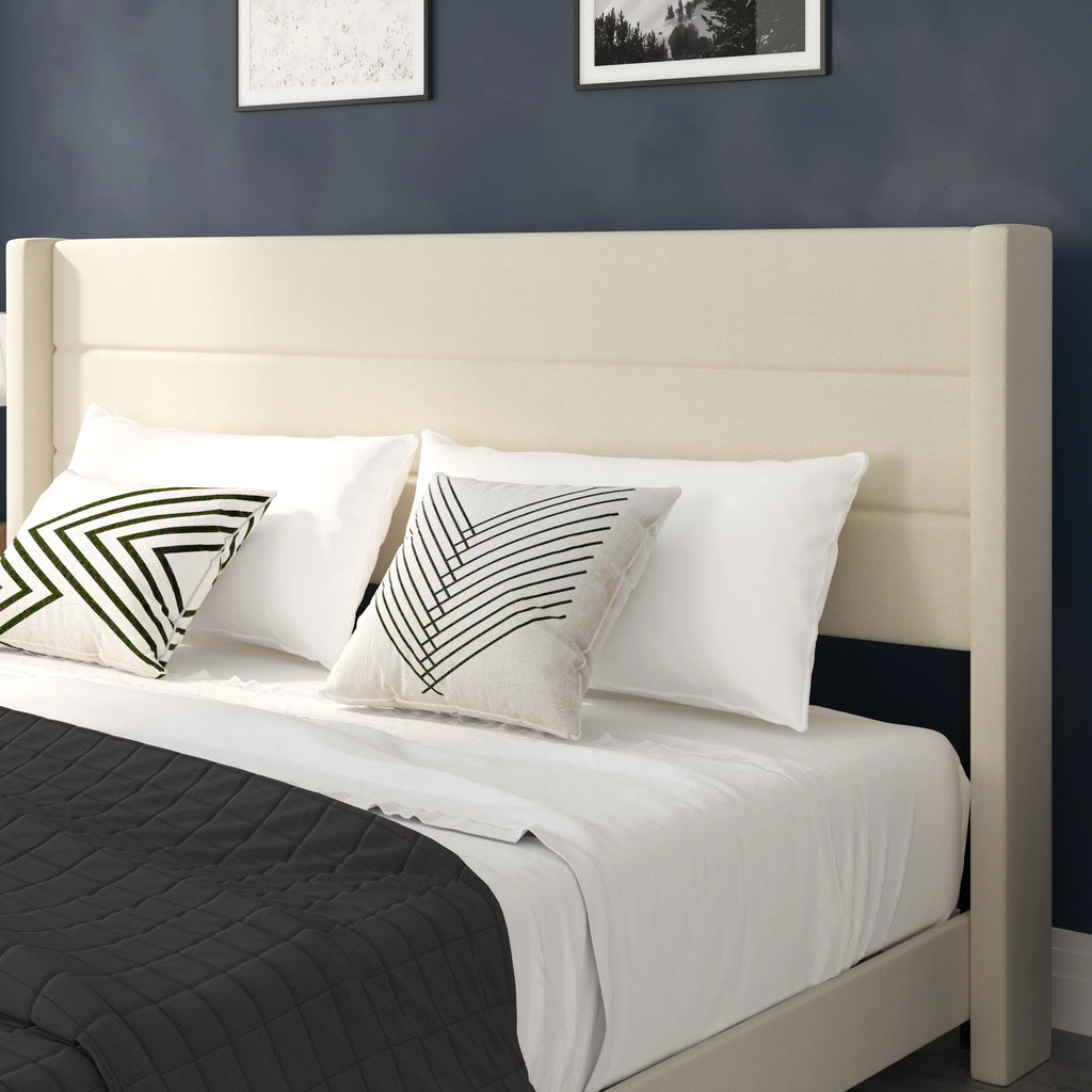 Beige Faux Linen King Upholstered Platform Bed with Wingback Headboard G927571