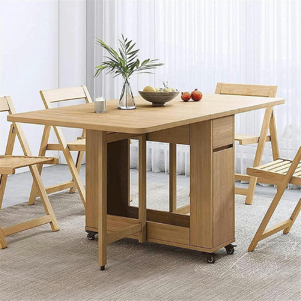Wooden Extendable Dining Table Set with 4 Chairs, Drop Leaf Tables on Moveable Wheels and 1 Drawers V47057