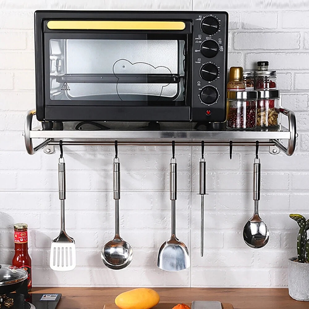 Stainless Steel Wall-Mount Microwave Oven Rack with 6x Hooks C590313