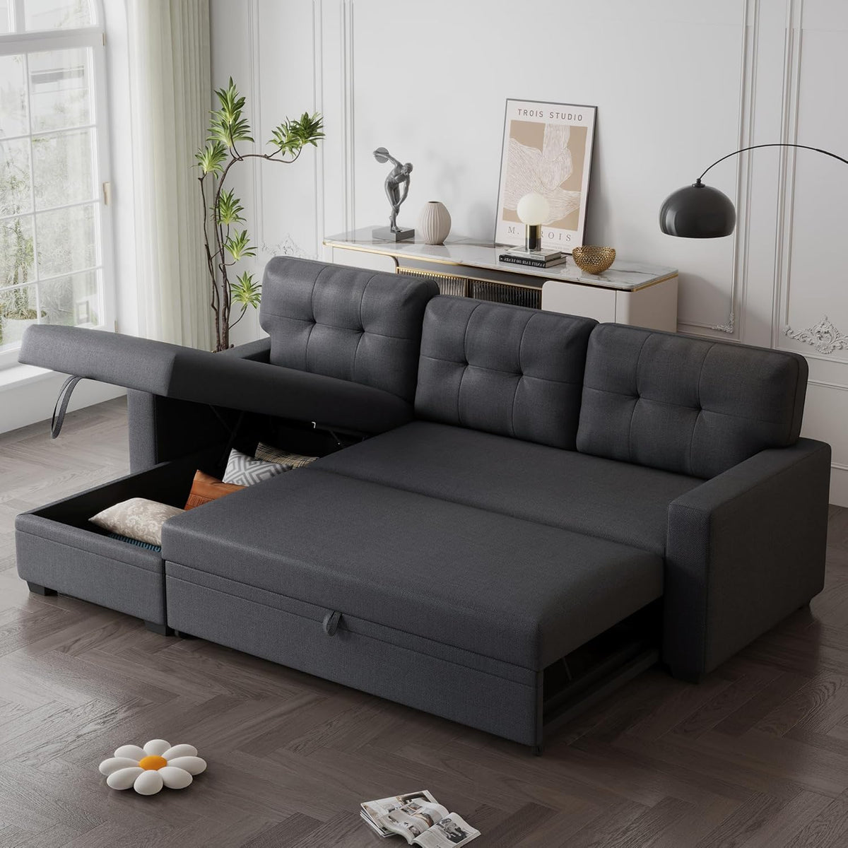 Dark Gray Linen Upholstered 3 Seater Pull Out Sofa Bed with Storage Chaise M959136