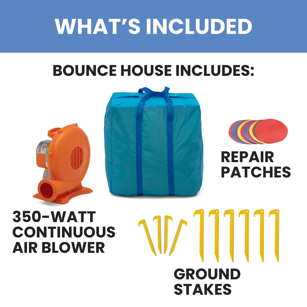Inflatable Bounce House with Heavy Duty Blower, Ground Stakes, Repair Patches and Storage Bag H54883