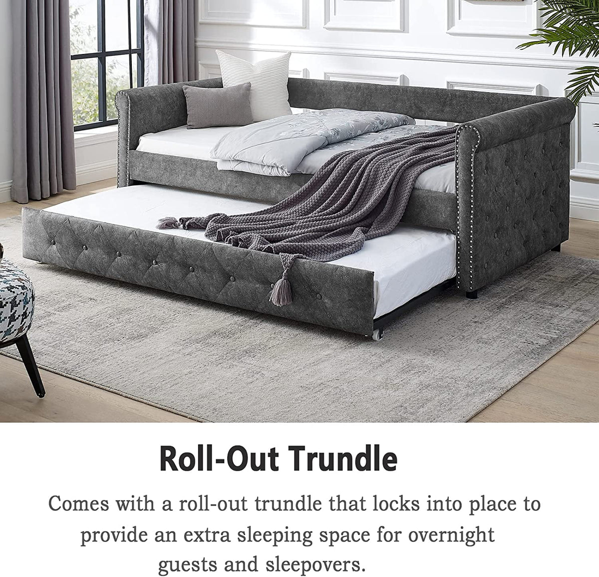 Twin Size Grey Linen Daybed with Trundle X527