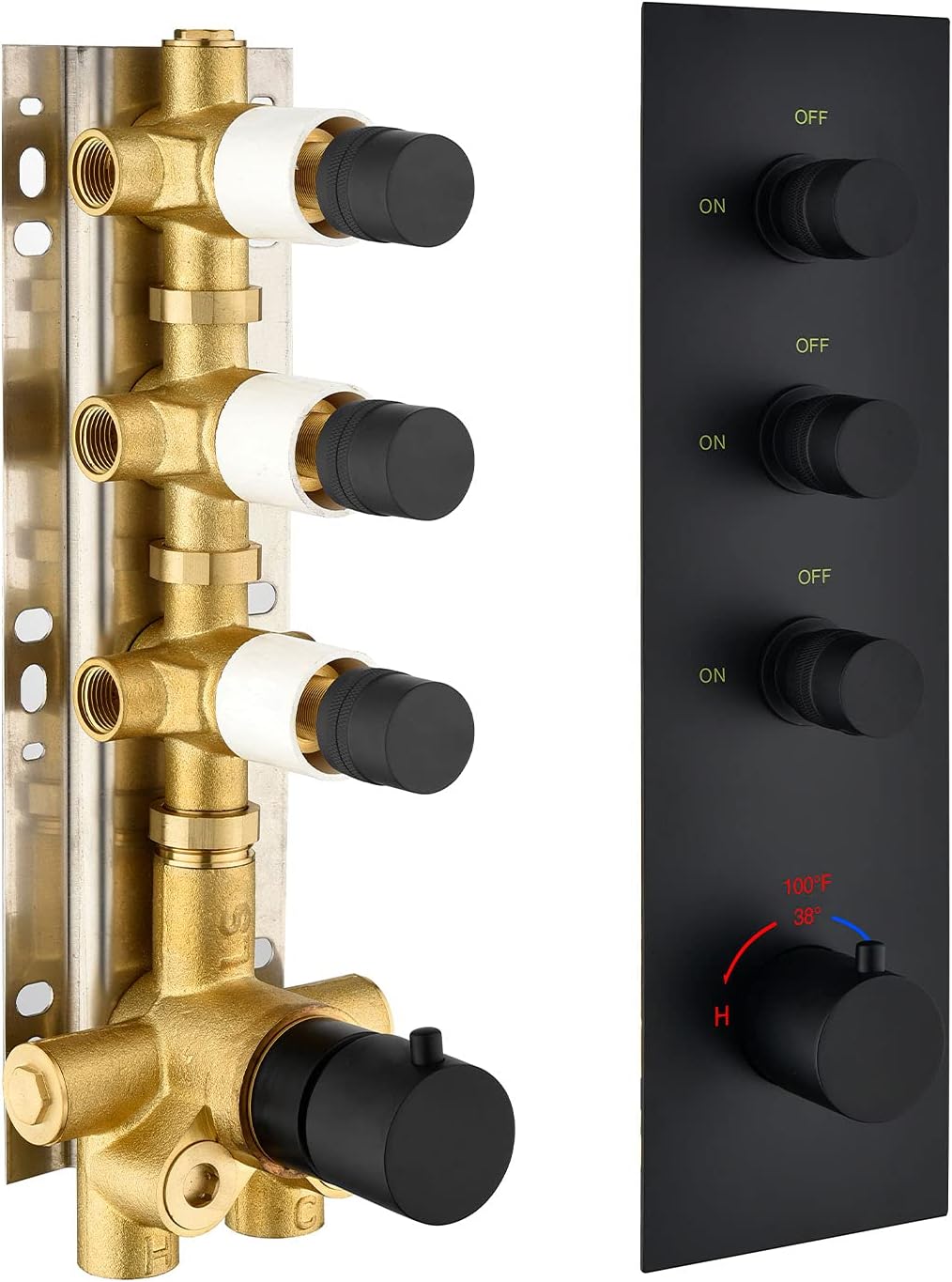 3 Outlet 3-Function Solid Brass Shower Diverter Concealed Thermostatic Mixer Valve with Trim (Matte Black, Round) C784793