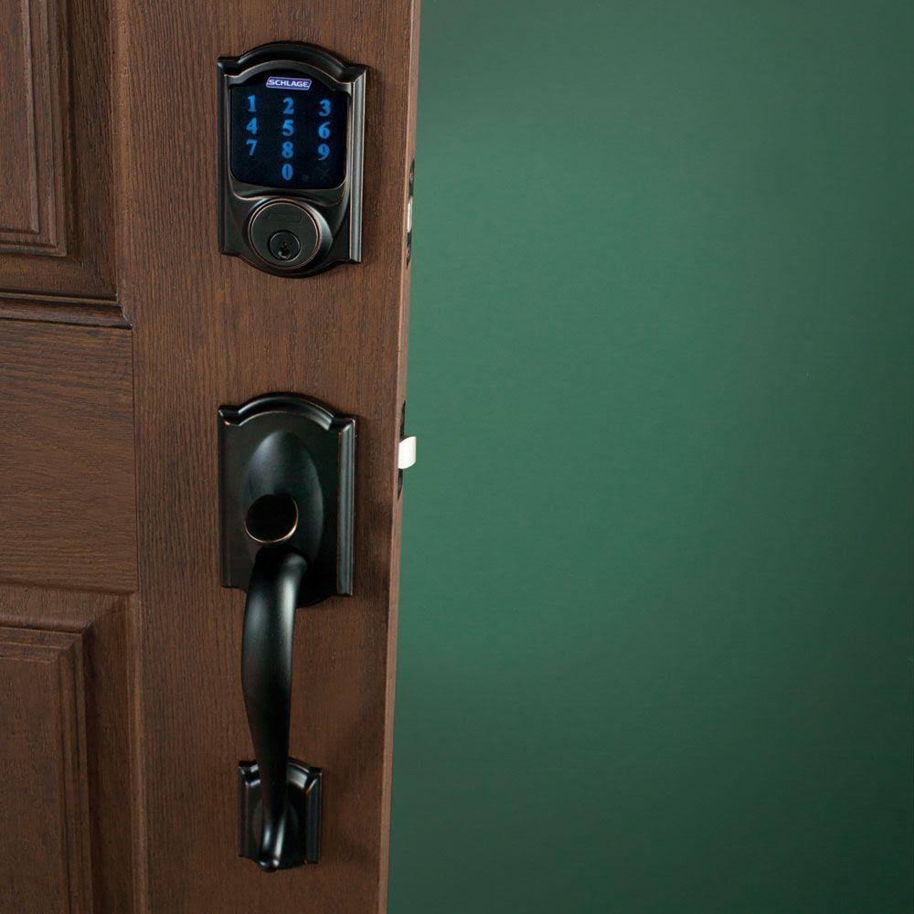 Aged Bronze Touchscreen Deadbolt with Alarm and Handleset with Interior Lever C426327