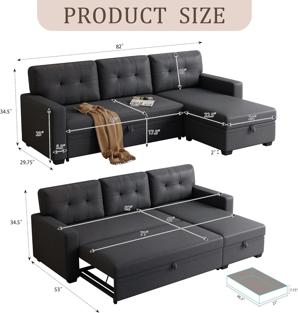 Dark Gray Linen Upholstered 3 Seater Pull Out Sofa Bed with Storage Chaise M959136