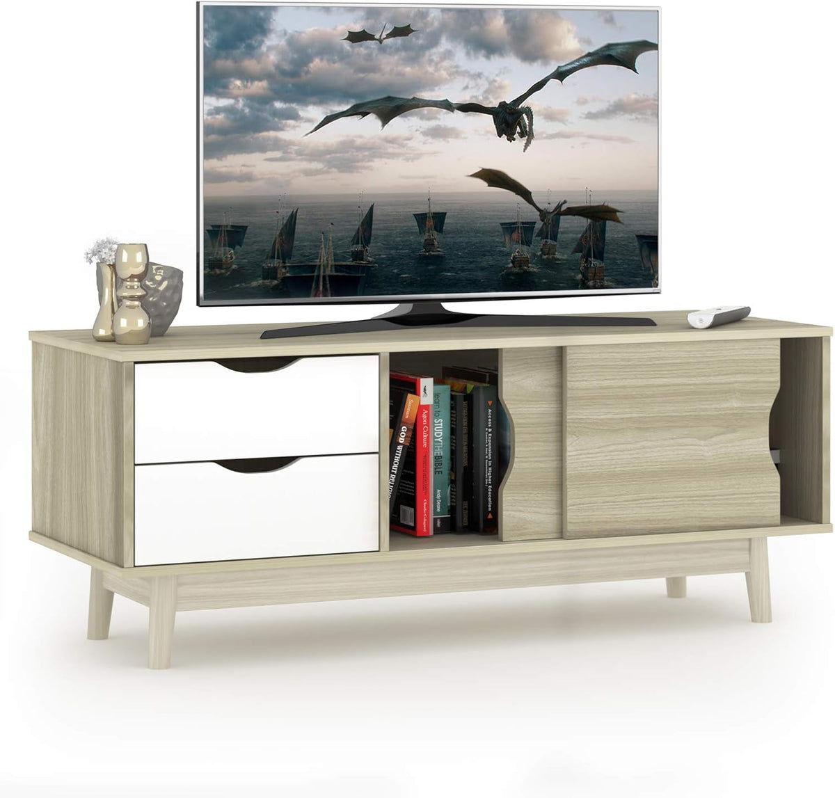 Oak Wood TV Stand with 2 Drawers and 2 Sliding Doors K2055