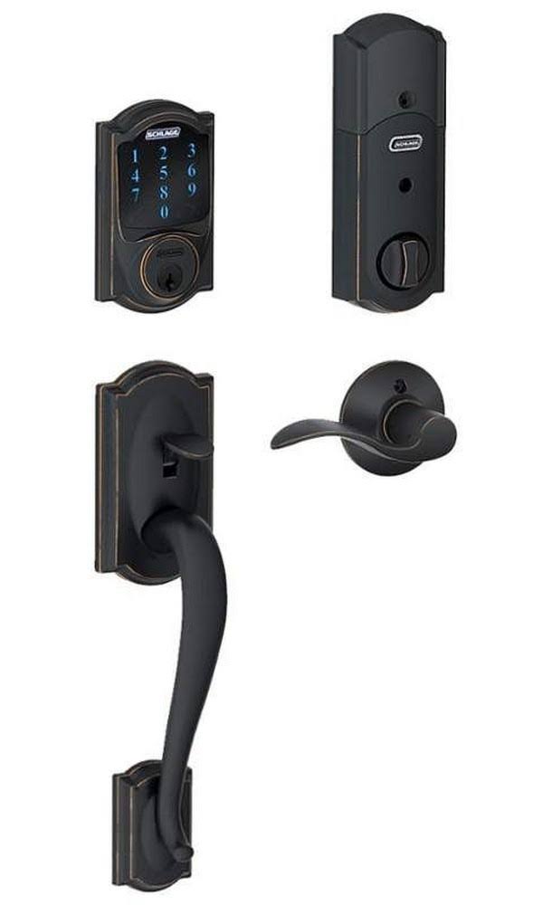 Aged Bronze Touchscreen Deadbolt with Alarm and Handleset with Interior Lever C426327