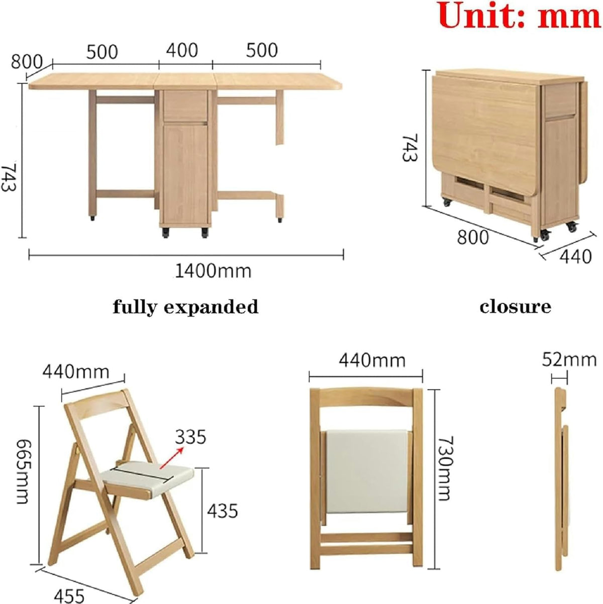 Wooden Extendable Dining Table Set with 4 Chairs, Drop Leaf Tables on Moveable Wheels and 1 Drawers V47057