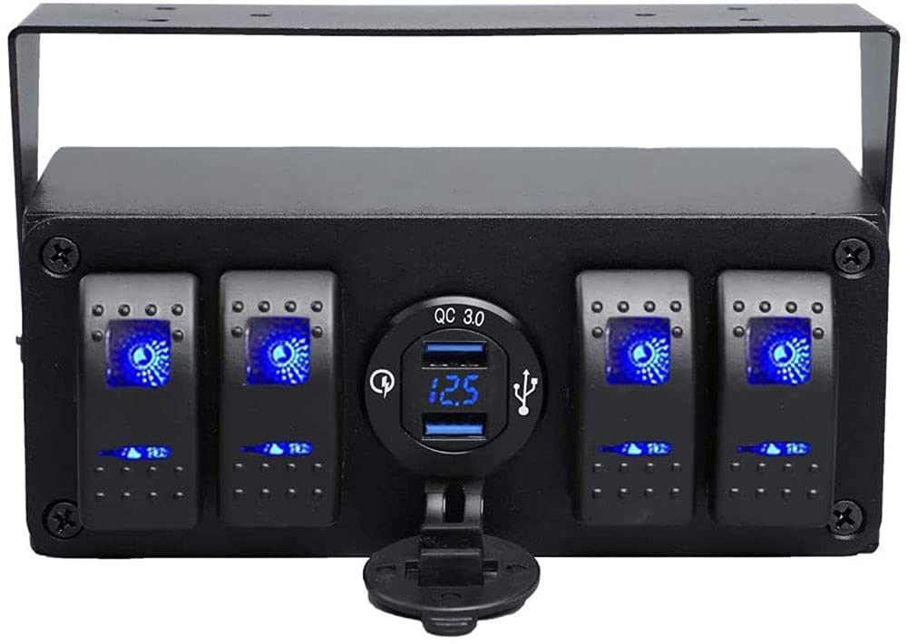 4 Gang Rocker Toggle Switch Panel USB Quick Charger Voltmeter Blue Led Pre-Wired Surface Mount Box H348