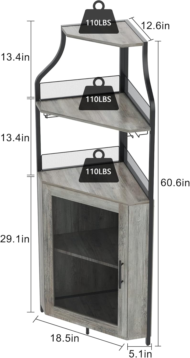 Corner Wine Cabinet with Detachable Wine Rack and Glass Holder, Grey V5325