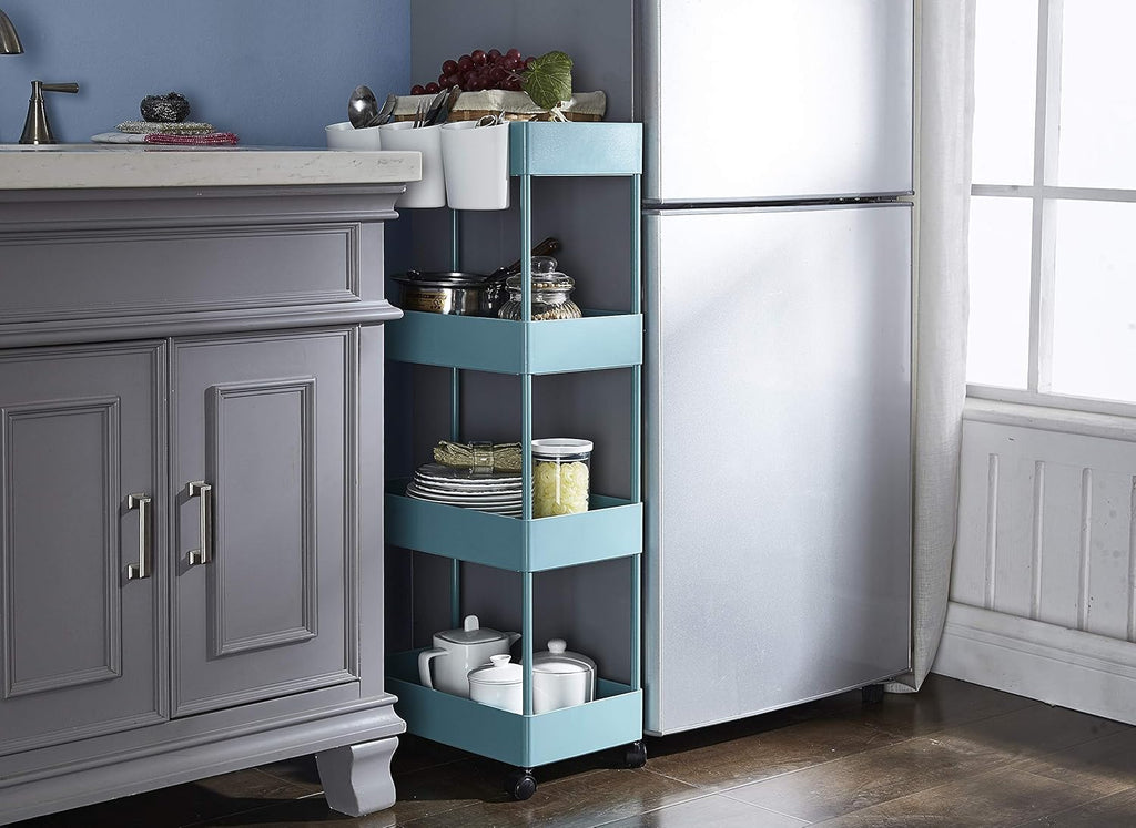 Blue 4-Tier Plastic Rolling Cart with Slim Shelves A22674