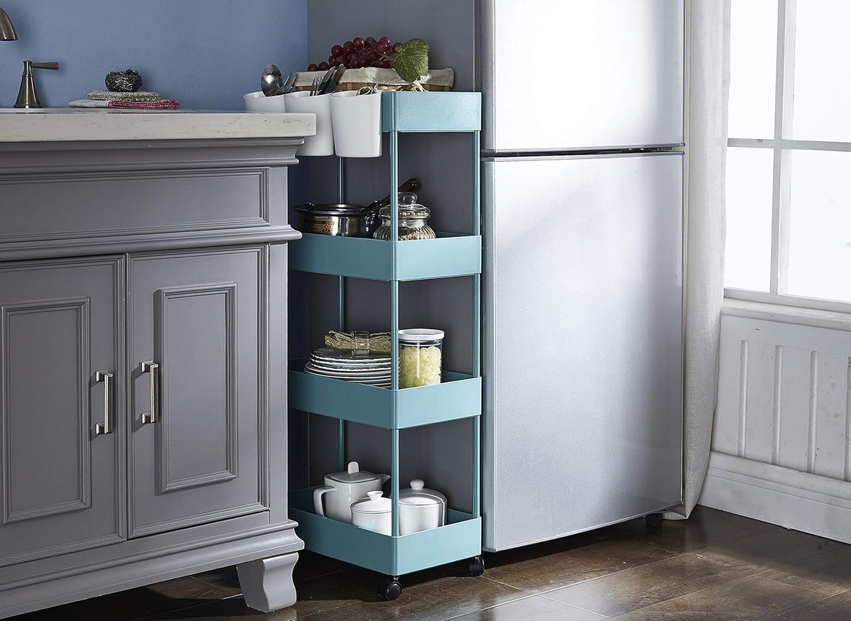 Blue 4-Tier Plastic Rolling Cart with Slim Shelves A22674