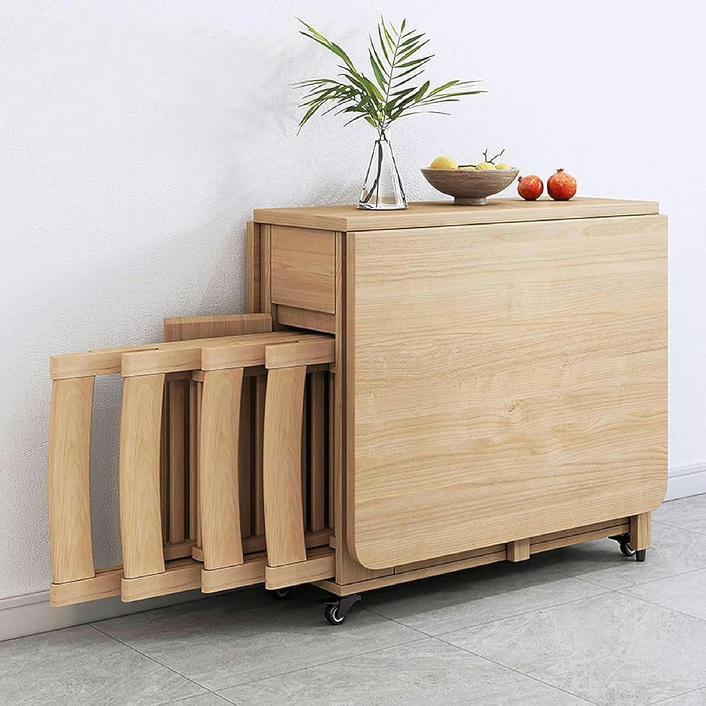 Wooden Extendable Dining Table Set with 4 Chairs, Drop Leaf Tables on Moveable Wheels and 1 Drawers V47057