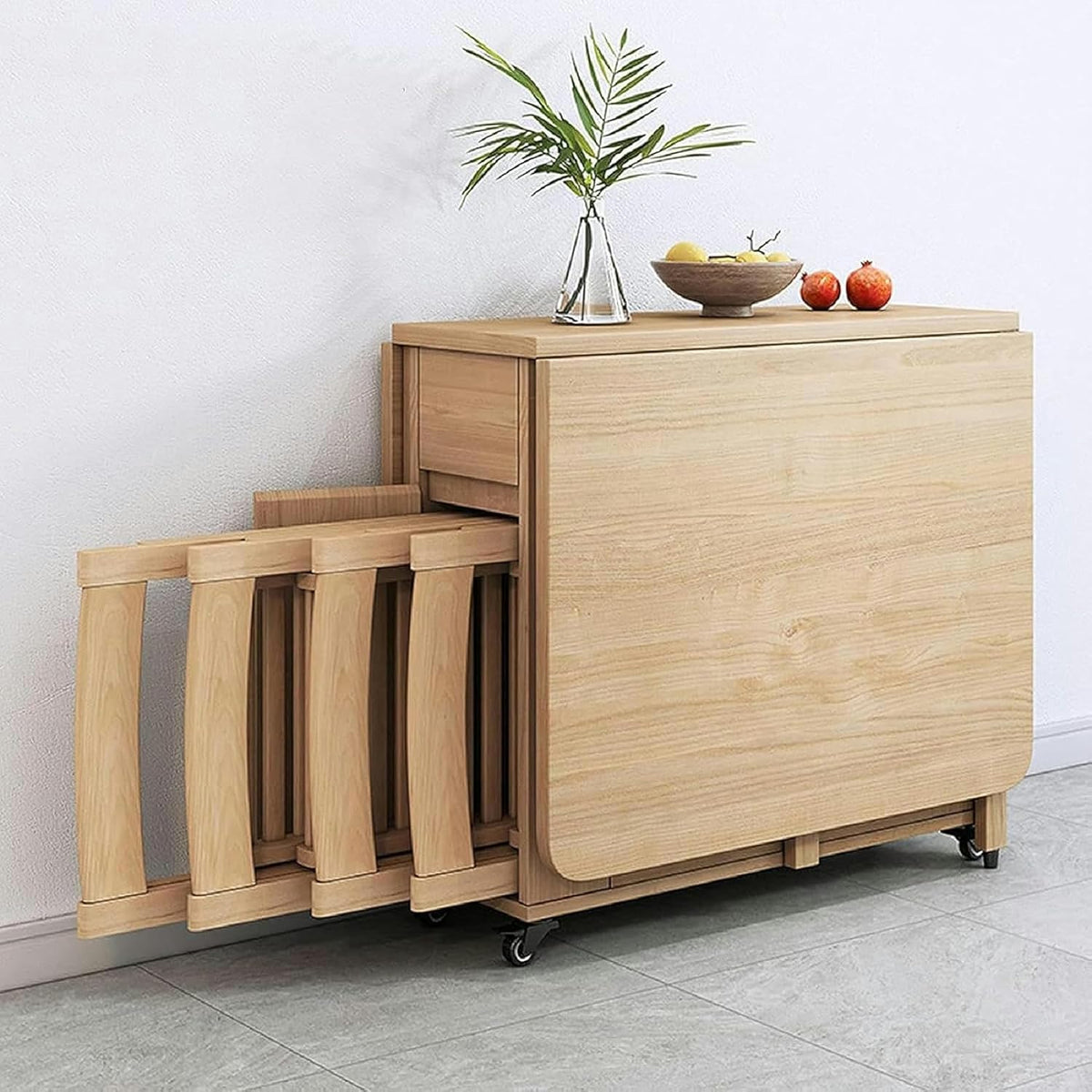 Wooden Extendable Dining Table Set with 4 Chairs, Drop Leaf Tables on Moveable Wheels and 1 Drawers V47057