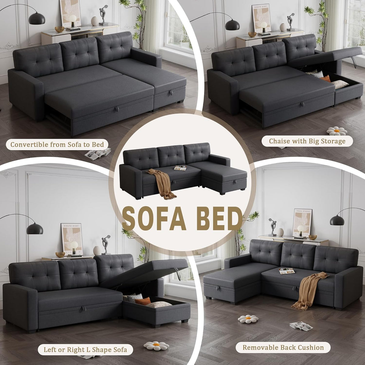 Dark Gray Linen Upholstered 3 Seater Pull Out Sofa Bed with Storage Chaise M959136