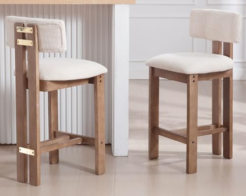 Set of 4 Beige Linen Upholstered Bar Height Stools with Hardwood Frame Z629182