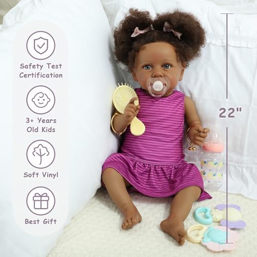 22" Realistic African American Newborn Baby Doll with Two Afro Puffs & Feeding Toys Q648154