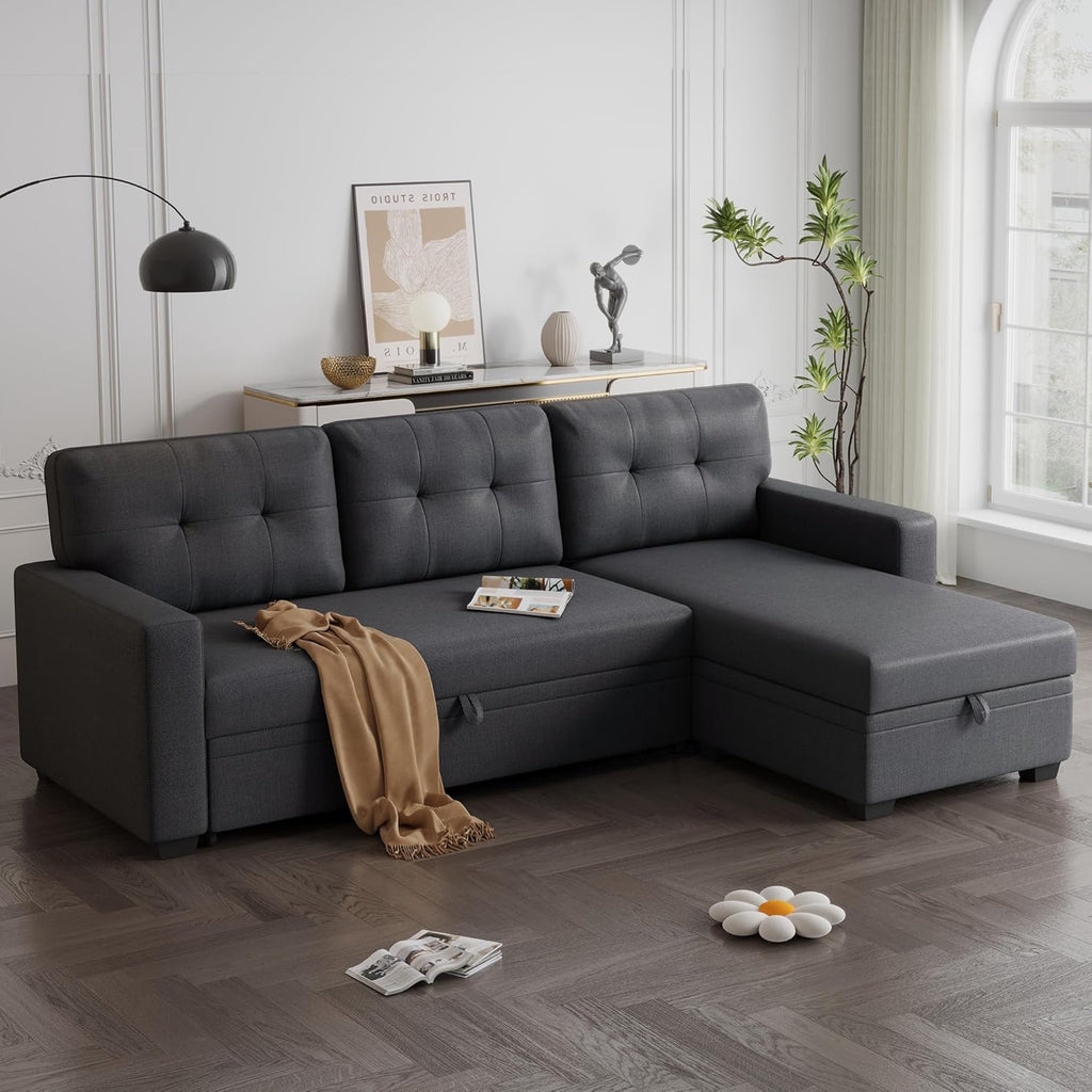 Dark Gray Linen Upholstered 3 Seater Pull Out Sofa Bed with Storage Chaise M959136