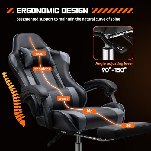 Grey PU Leather Reclining Gaming Chair with Footrest I955688