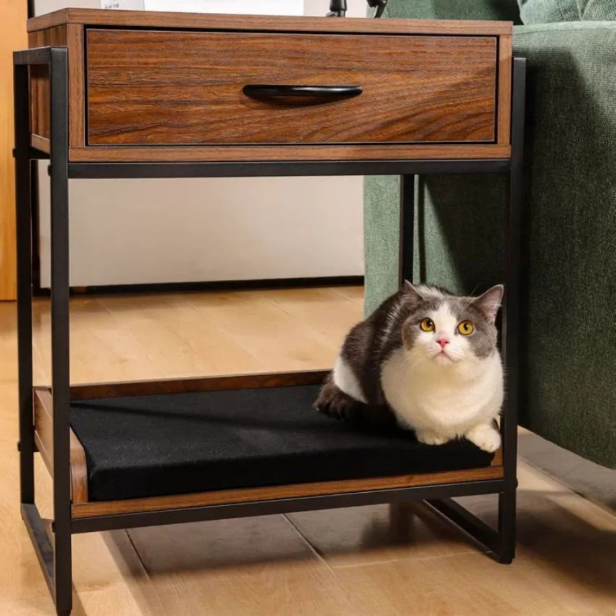 Brown End Table with Storage Drawer and Cat Resting Seat G506721
