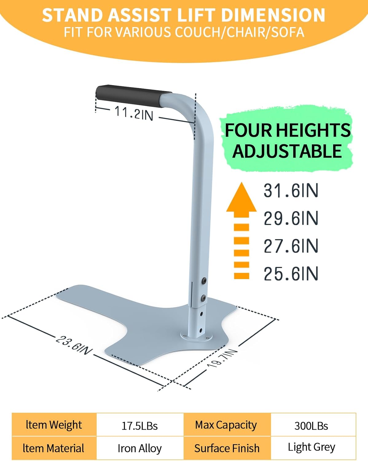 Chair Couch Lift Assist, Four Heights Adjustable, Light Grey, Max 300LBs Capacity U3633