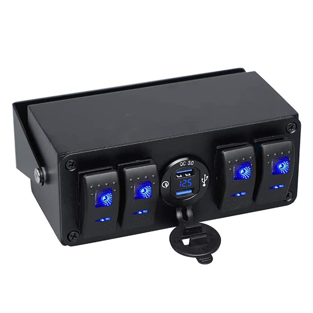 4 Gang Rocker Toggle Switch Panel USB Quick Charger Voltmeter Blue Led Pre-Wired Surface Mount Box H348