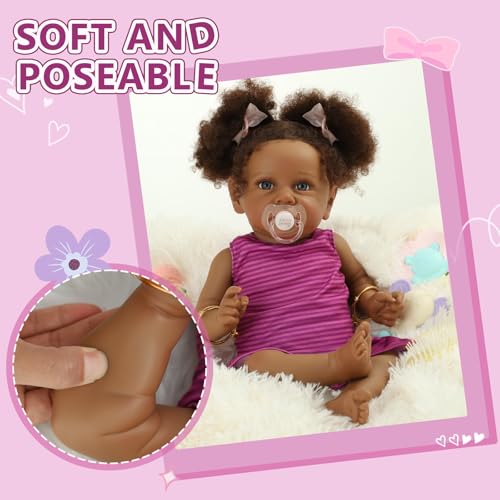 22" Realistic African American Newborn Baby Doll with Two Afro Puffs & Feeding Toys Q648154