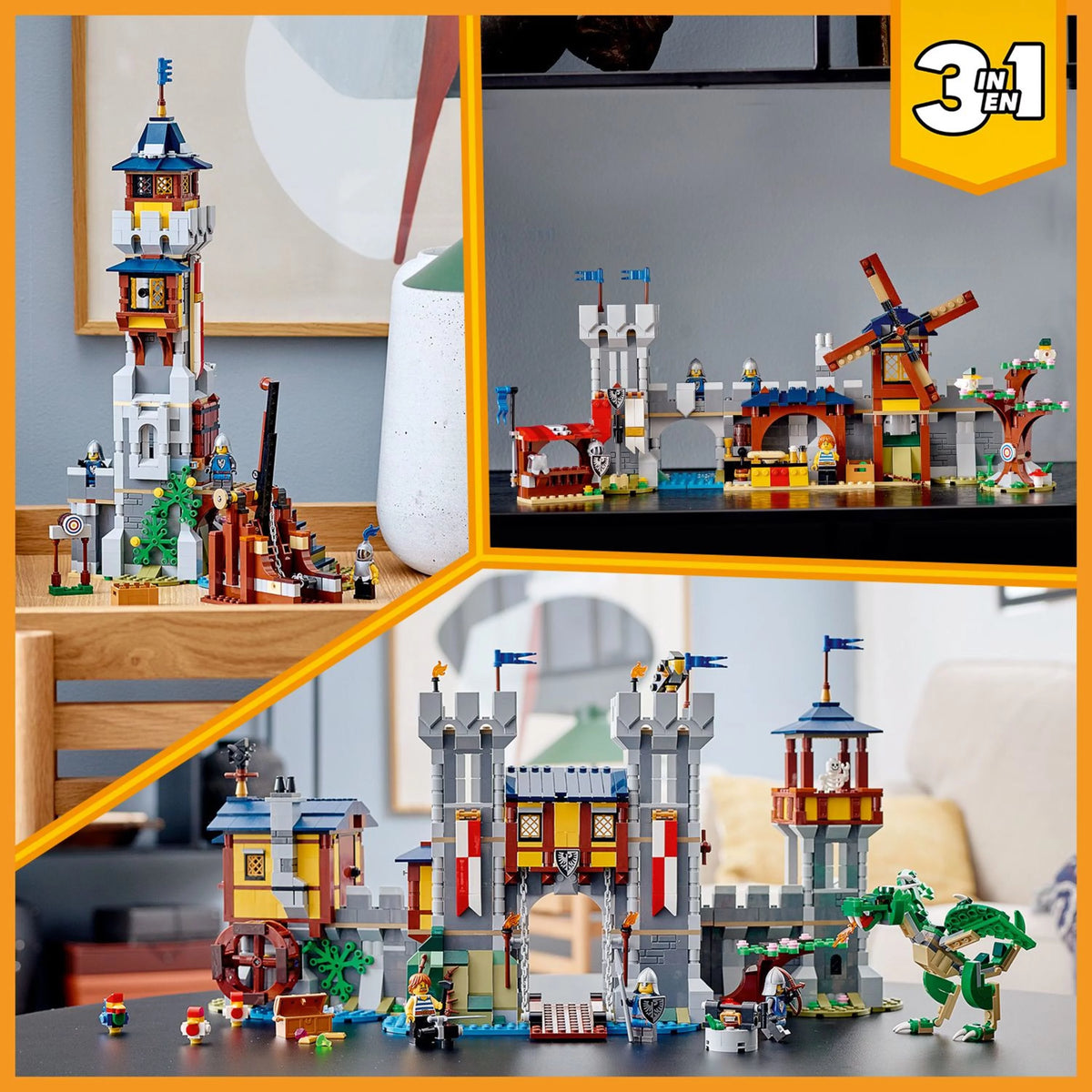 Medieval Castle Toy, 3 in 1, with Minifigures and Dragon Figure G418