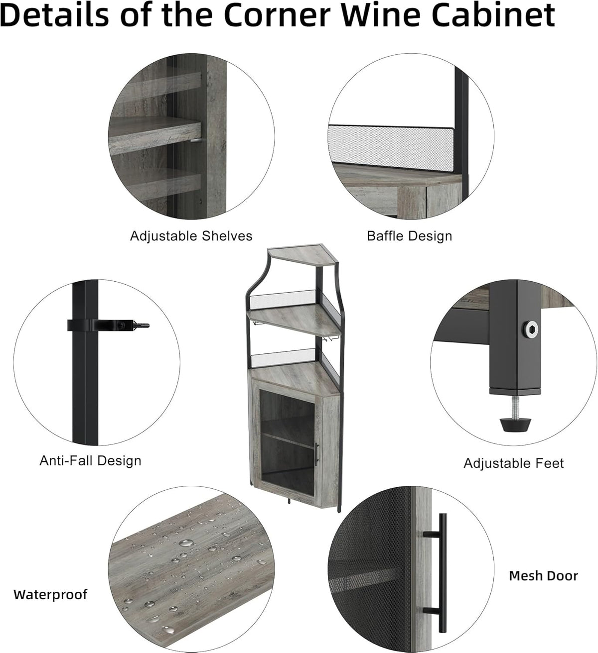 Corner Wine Cabinet with Detachable Wine Rack and Glass Holder, Grey V5325