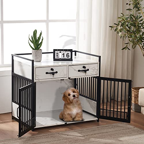 White Wooden Dog Crate End Table with Storage Drawers C6850